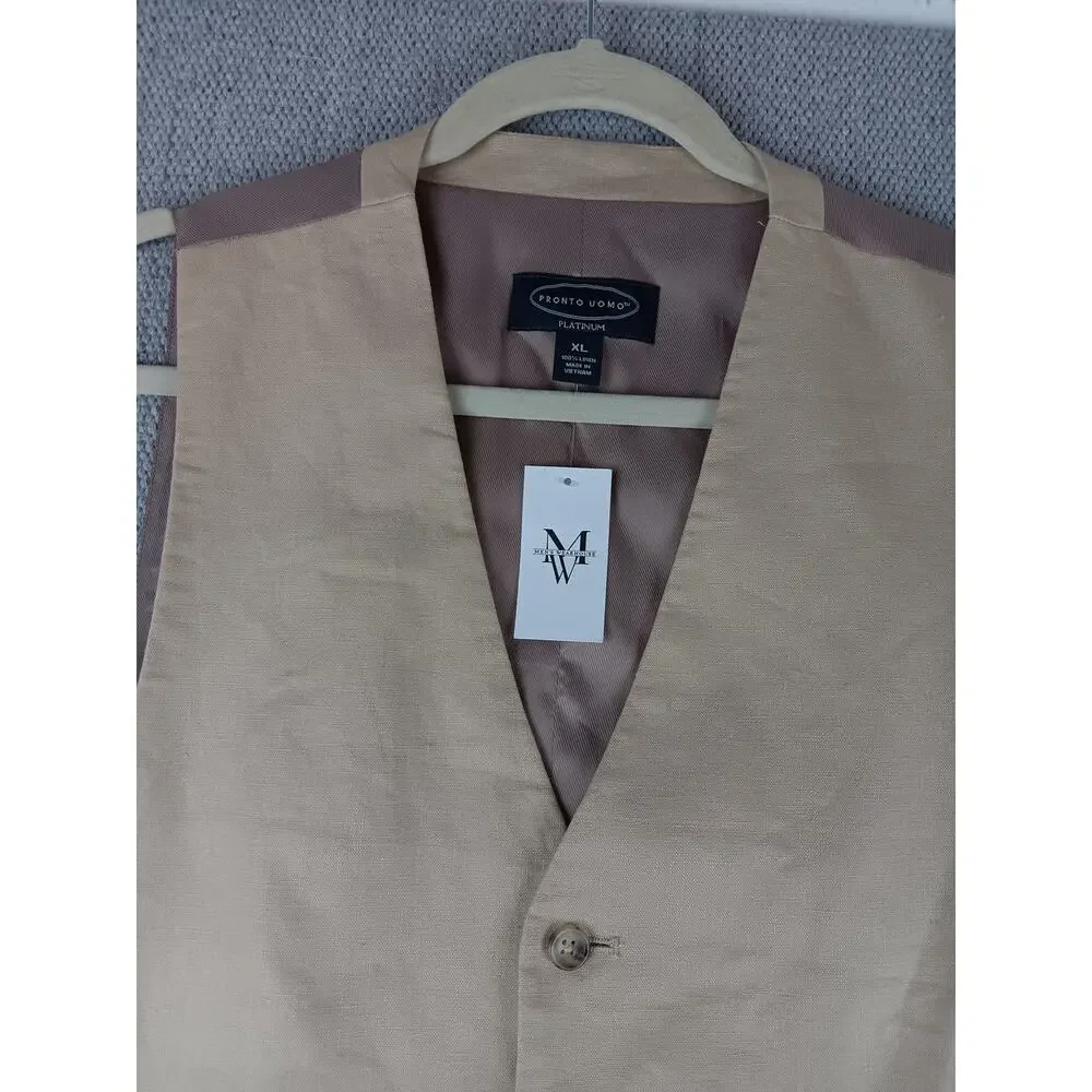 Pronto Uomo Platinum Linen Vest Mens XL Tan Dress Button Cinch‎ Mens Warehouse - Picture 5 of 13